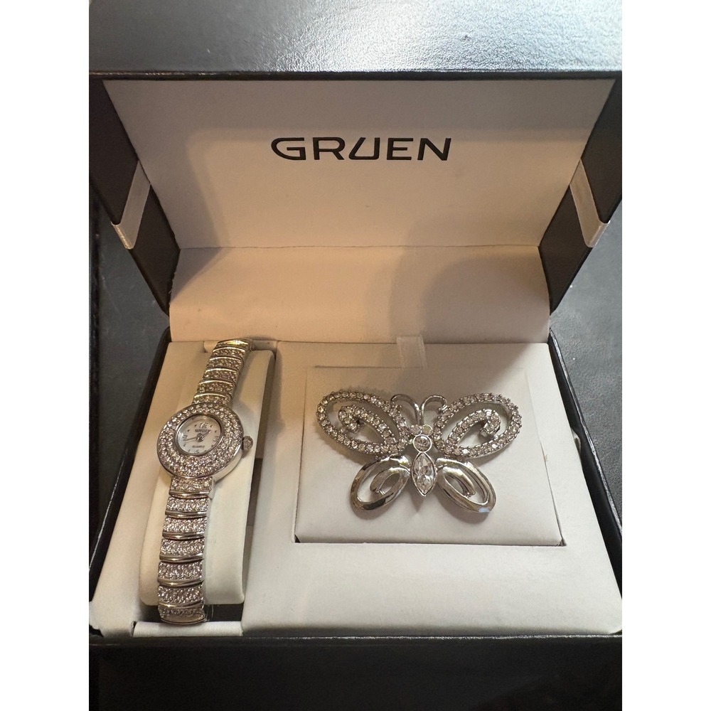 Gruen Ladies Silver Tone Rhinestone Watch and Butterfly Brooch Gift Set in Box
